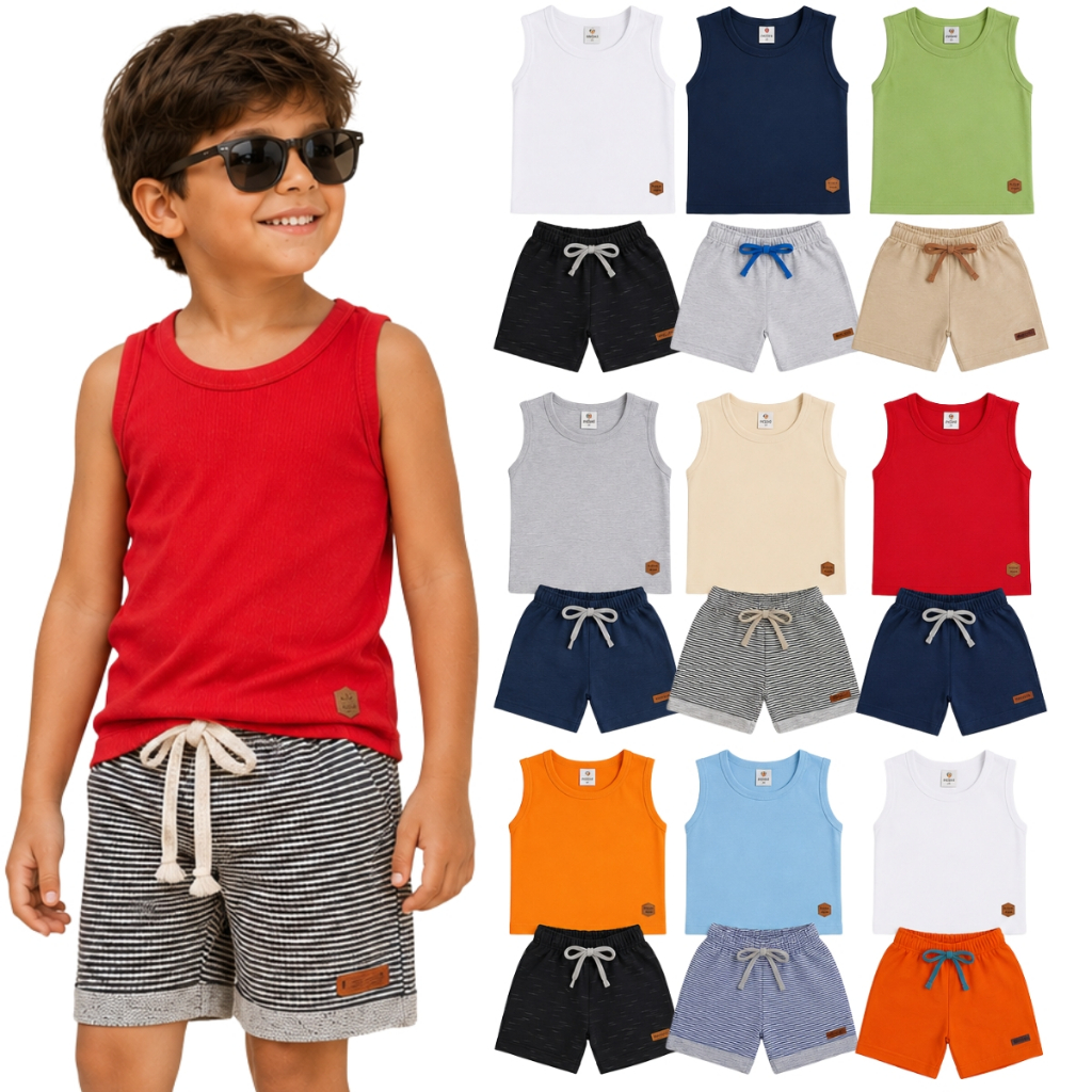 Kit 10 Peças Sortido Conjunto Infantil Menino - 5 Regatas + 5 Bermudas - 5 Conjuntos Verão