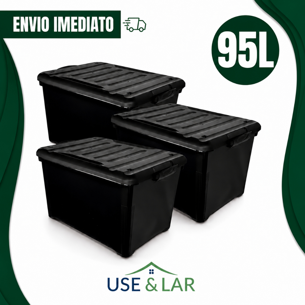 Kit com 03 Caixa Organizadora 95 Litros Com Tampa Travas Rodinhas Reforçada Multiuso Preta