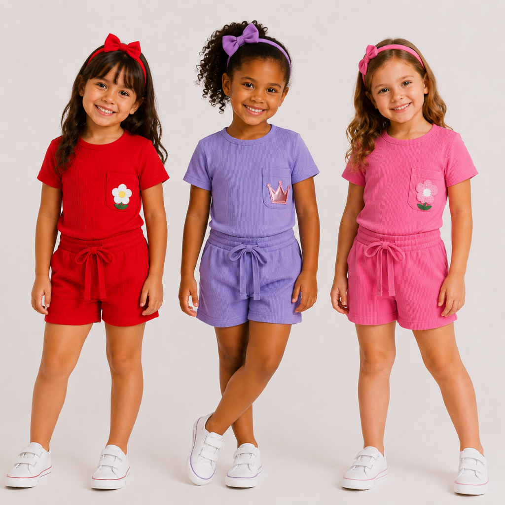 Conjunto Infantil Feminino Canelado Menina Blusa e Short Tamanho 4 ao 8 Confortável
