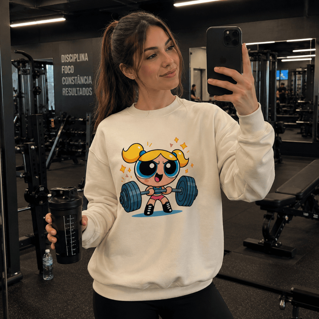 Moletom Gola Redonda Careca Lindinha Meninas Super Poderosas Academia Gym Feminina Estampada Tendência Streetwear