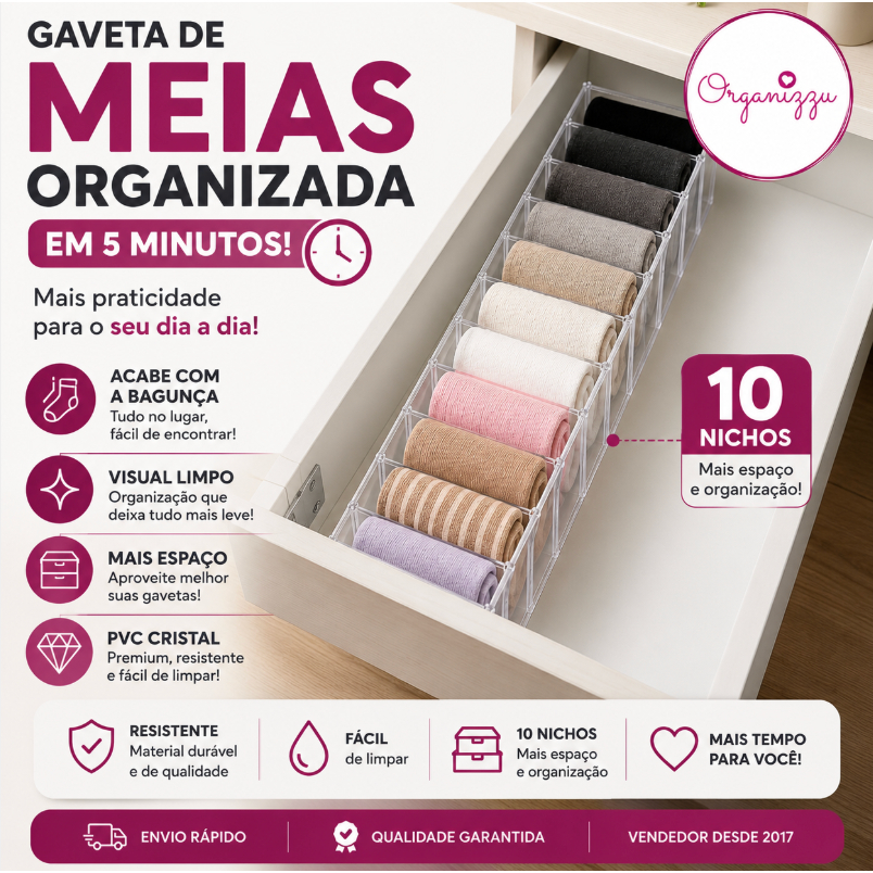 Colmeia Organizadora para Meias Gaveta Organizador Closet Armário PVC Cristal 10 Nichos