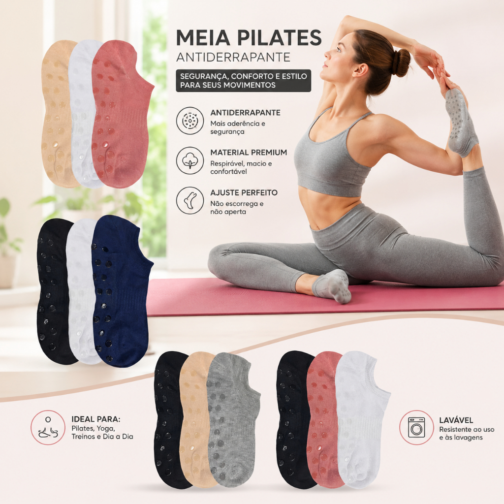 Imagem Kit 3 Pares Meias Antiderrapante Feminina Yoga Pilates Hidroginástica Academia Treino Soquete