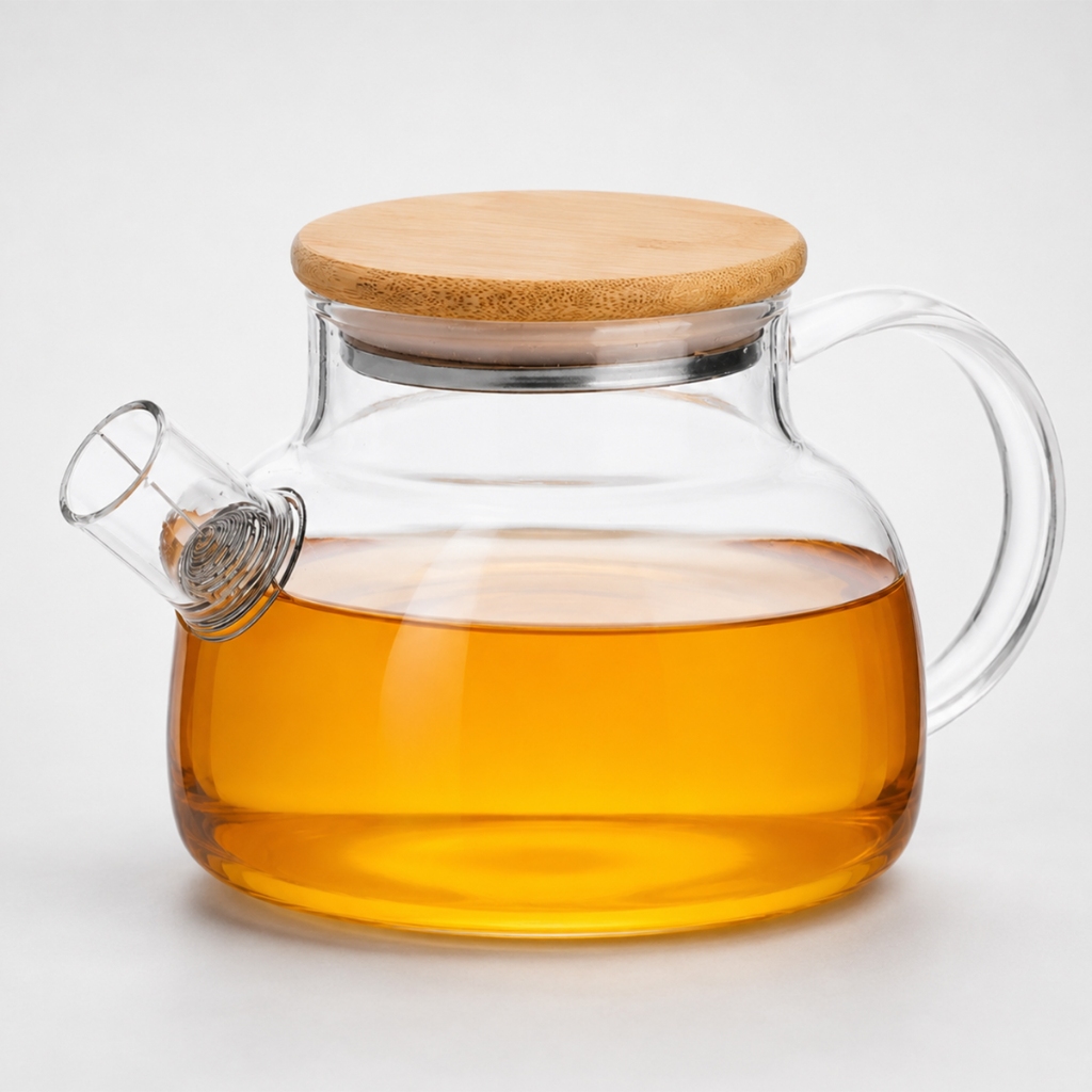 Chaleira De Vidro Borossilicato Para Fogão Com Filtro Inox E Tampa De Bambu 1L - Jarra Café Chá, Bule Elegante