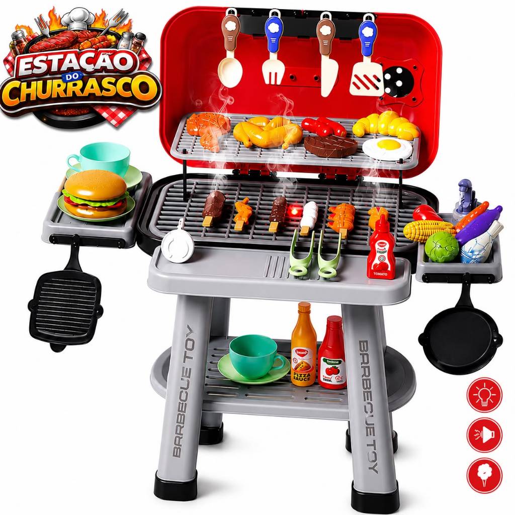 Kit Churrasqueira Infantil Completa 64 Peças com Efeitos de Luz Som Fumaça Brinquedo Educativo