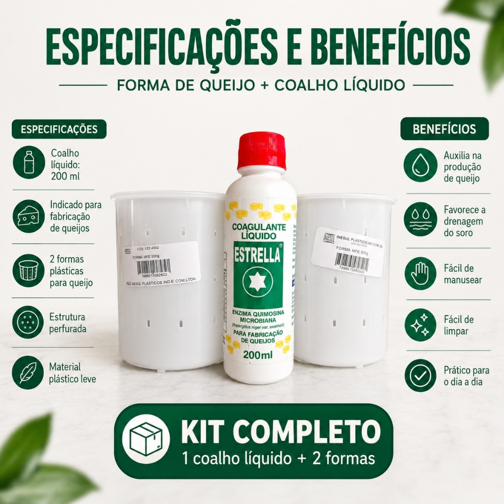 Kit 2 Formas Para Queijo Minas 500gramas + 1 Coalho Liquido Estrela 200ml — imagem 2 de 2