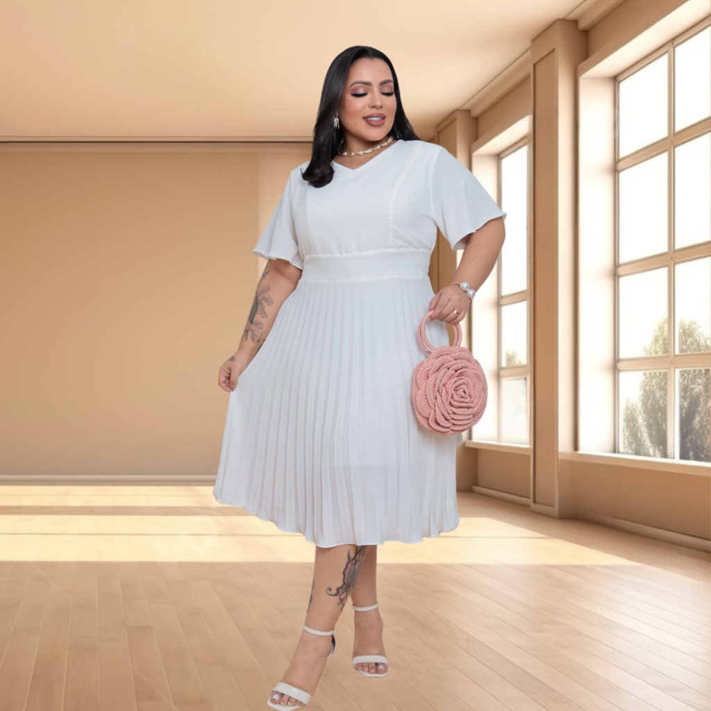 Vestido Feminino Mídi Com Saia PLISSADO Plus Size com Lástex no cos das Costas Moda Evangélica VS