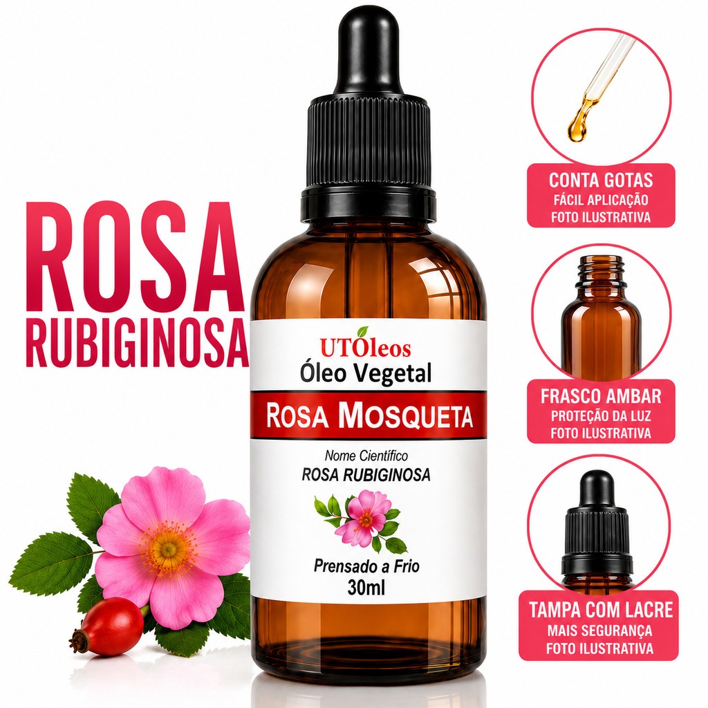 Óleo Rosa Mosqueta Rosa Rubiginosa 30ml 100% Puro Prensado a Frio Conta Gotas Premium