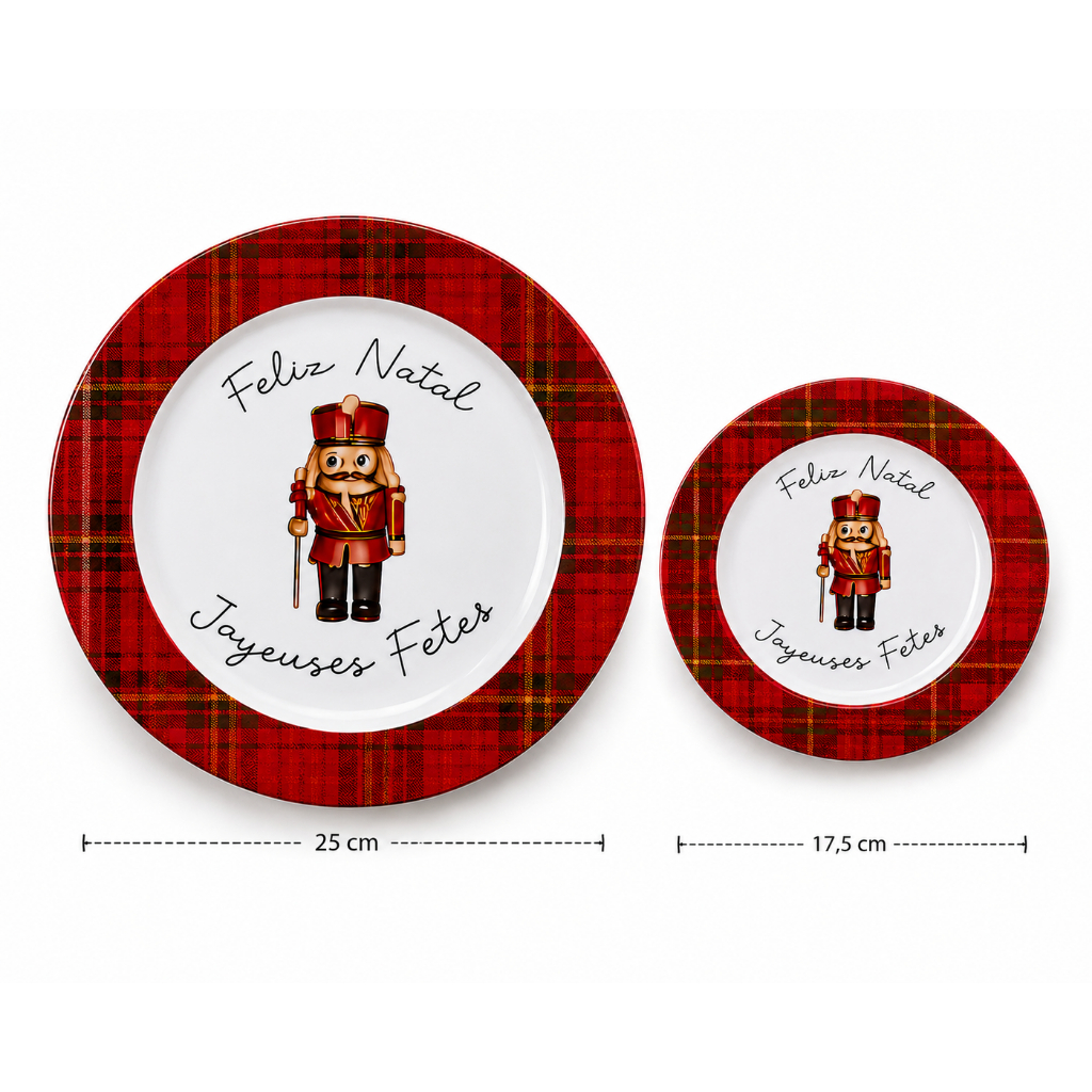 Kit 12 Pratos Natalinos Quebra Nozes Melamina 6 Jantar 25cm + 6 Sobremesa 17,5cm
