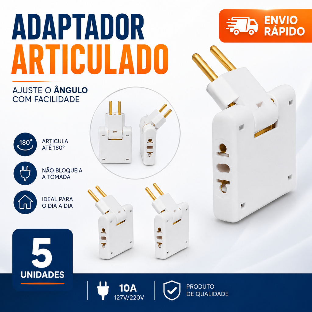 adaptador tomada Articulado Dobrável Deslocado 3 entradas 110V/220V 10A Resistente Bivolt