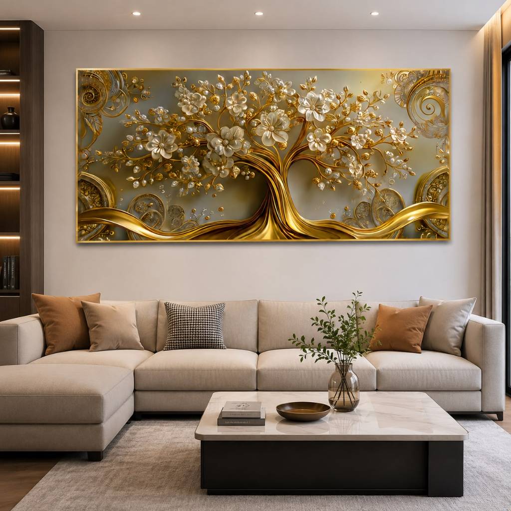 Quadro Decorativo 110 CM x 70 CM Árvore da Vida Dourada Luxo ILUSÃO 3D Grande para Sala