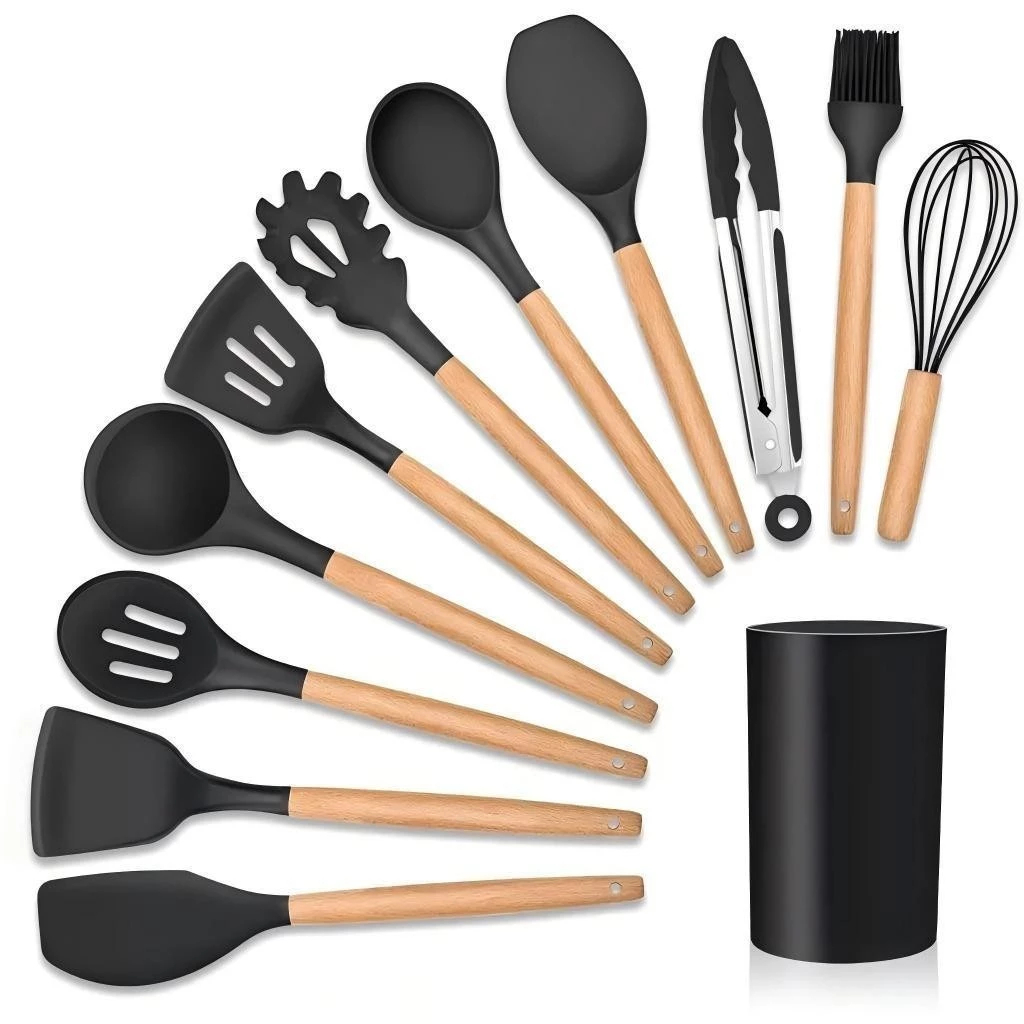 Kit Utensílios Cozinha Conjunto 12 Peças Silicone Antiaderente e Cabo de Madeira c/ Copo Suporte
