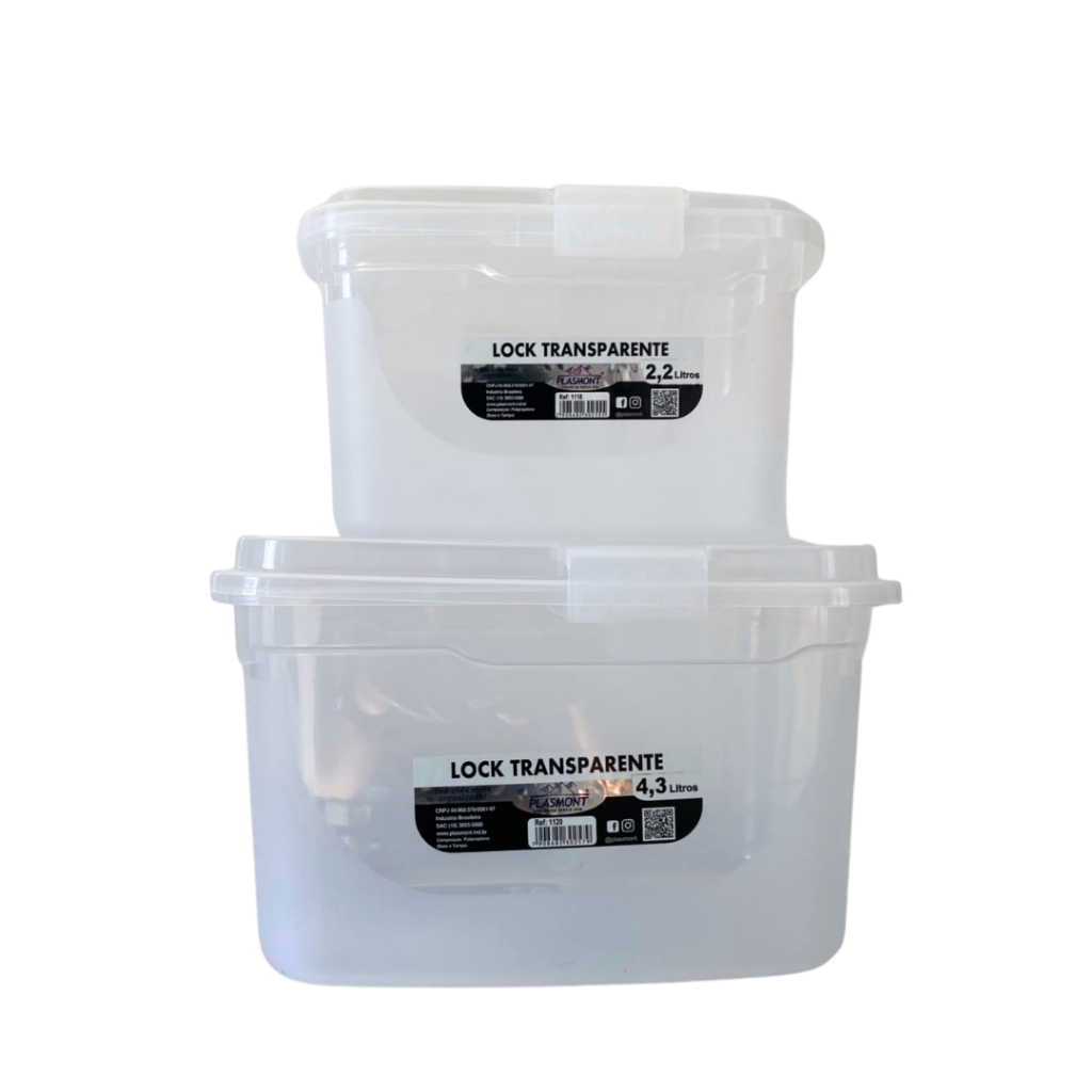 Kit Pote Lock com Trava 2,2L + 4,3L Hermético Transparente para Alimentos Organização Cozinha Livre de BPA Retangular