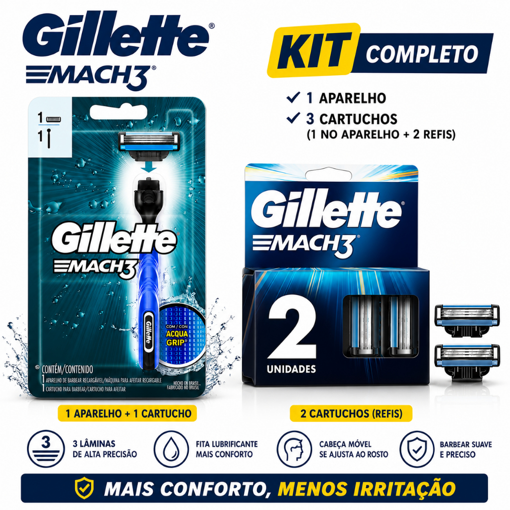 Kit Gillette Mach3 Original | 1 Aparelho Aqua Grip + 3 Cartuchos (1 no Aparelho + 2 Refis) | Barbear Preciso e Confortáv