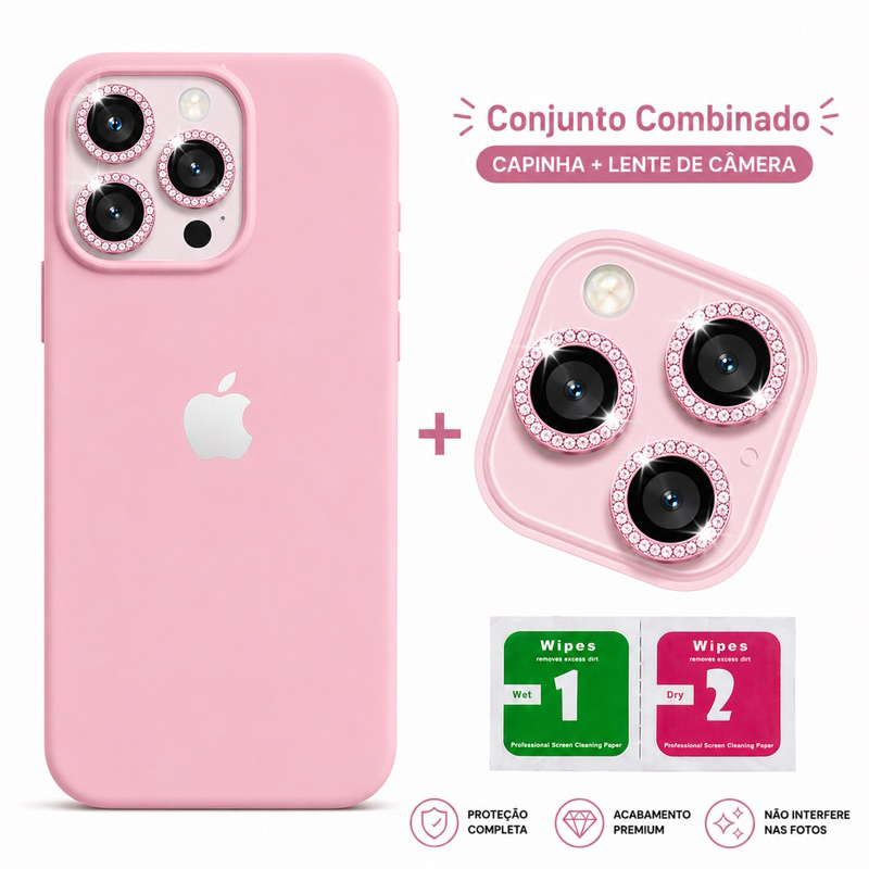 Capinha Silicone Aveludada + Película de Lente Diamante + Kit Limpeza Tela e Câmera para iPhone 11 ao 16 Pro Max