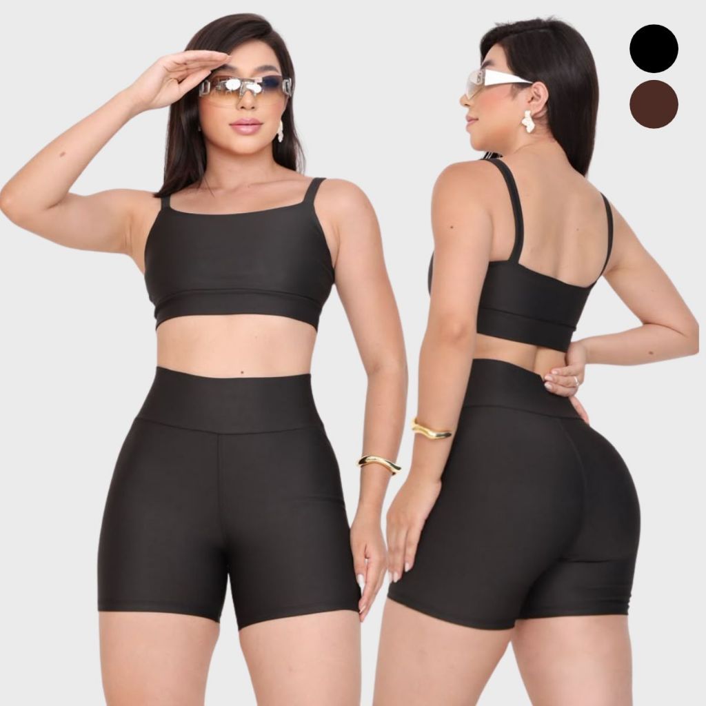 Conjunto Fitness Feminino Top e Short Academia Treino Suplex Cintura Alta Liso Compressão