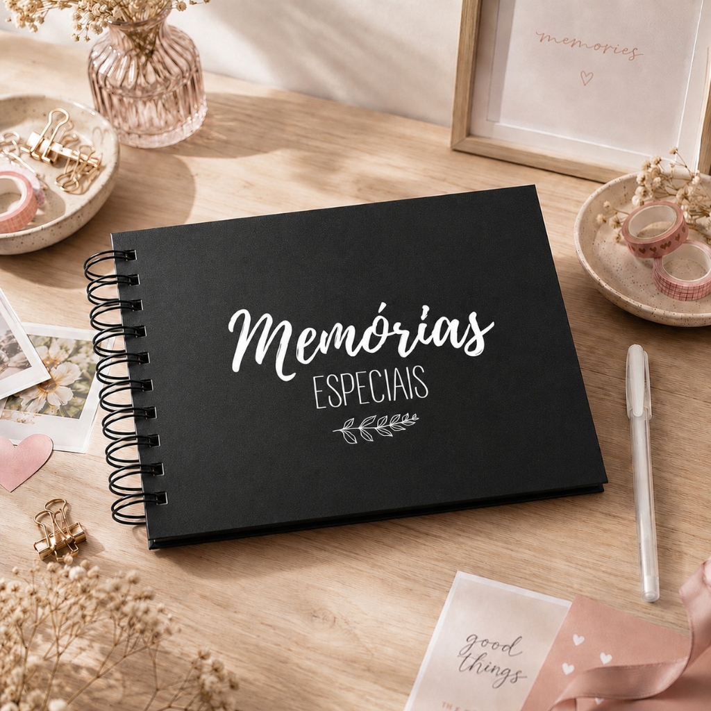 Kit Presente Criativo: Álbum A5 de Fotos + Adesivos + Caneta Gel Scrapbook com Adesivos ou 22x22