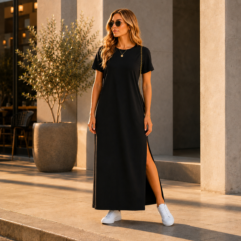Vestido Midi Feminino Algodão Casual Elegante Manga Curta Com Fenda Confortável