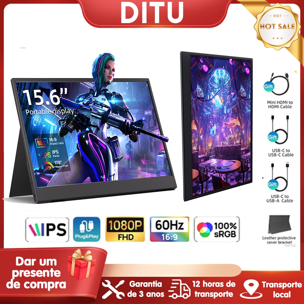 DITU【Free Gift】15.6-inch Portable 60HZ Monitor, Type-C/HDMI, Portátil Laptop Mon