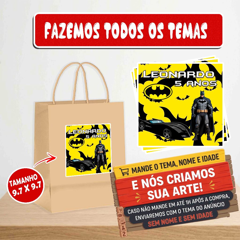 Adesivo Personalizável Batman 9,7x9,7 Rótulo Sacola Kraft e Plasticas