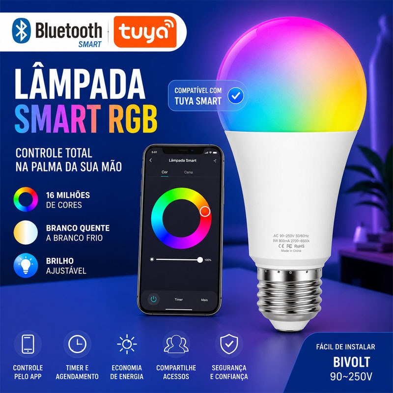 Lâmpada Led Inteligente Bluetooth ou Wifi Compatível TUYA，Smart，Alexa，Google Assistente E27 10W 110V/220V