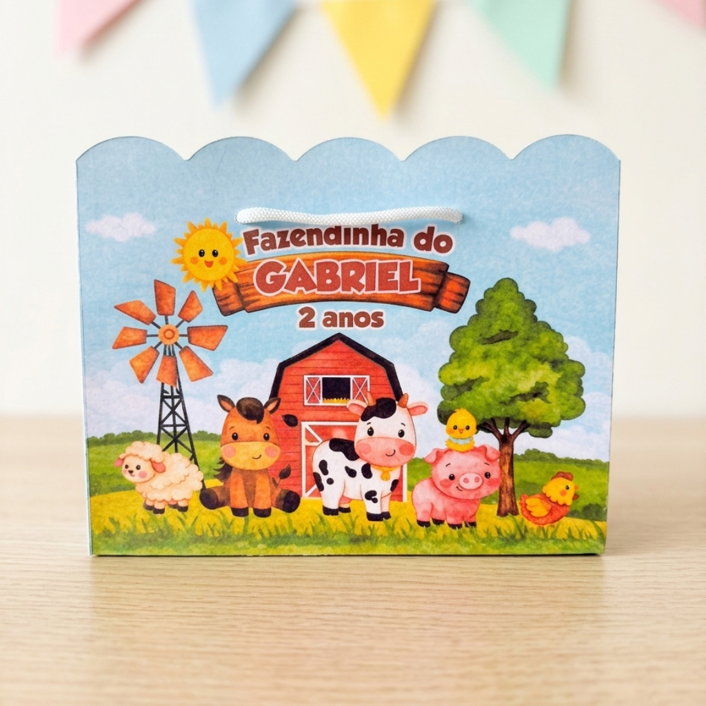 Sacolinha Personalizada Fazendinha Lembrancinha Festa Infantil PEGUE E MONTE Papelaria Personalizada.