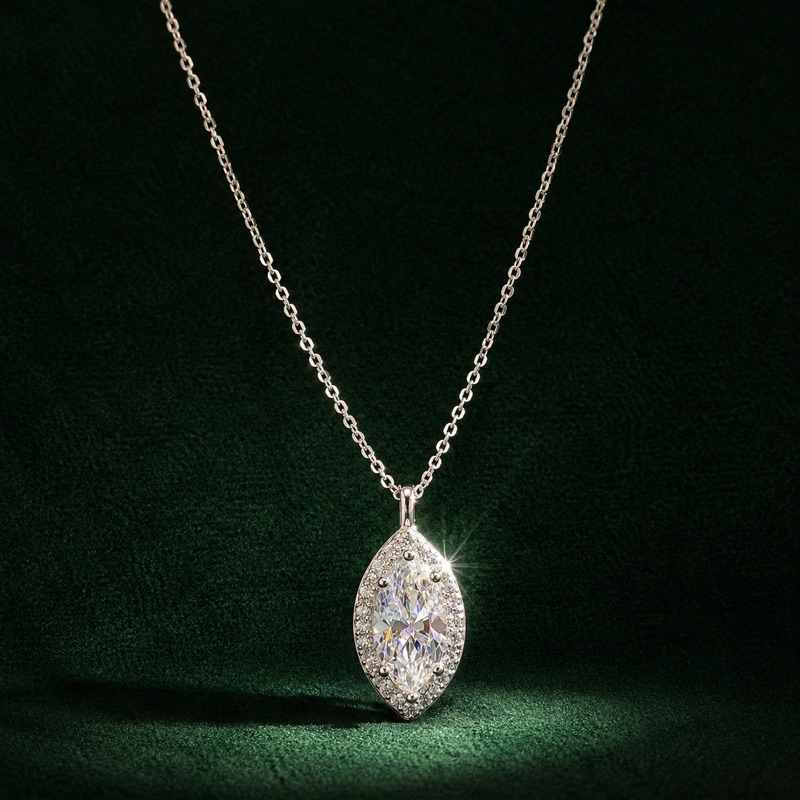 Colar Feminino Prata 925 Moissanite Navete 9,5mm Cravejado