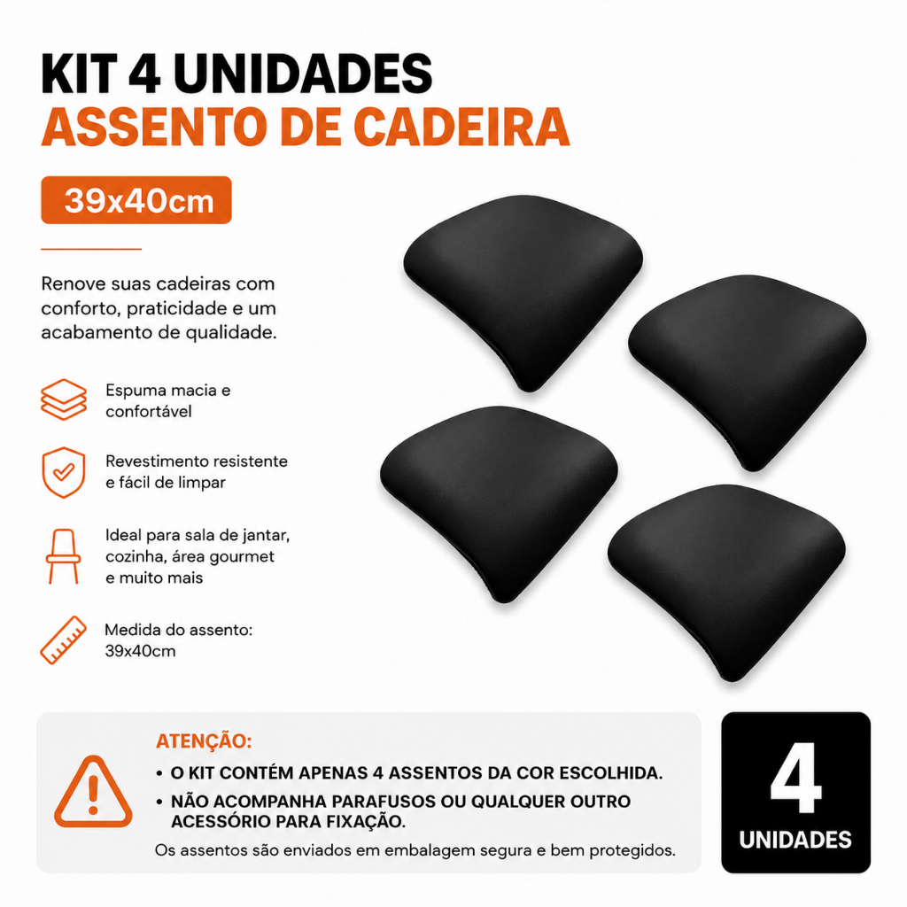 Kit 4 Assento Cadeira Almofadado 39 x 40Cm Retangular