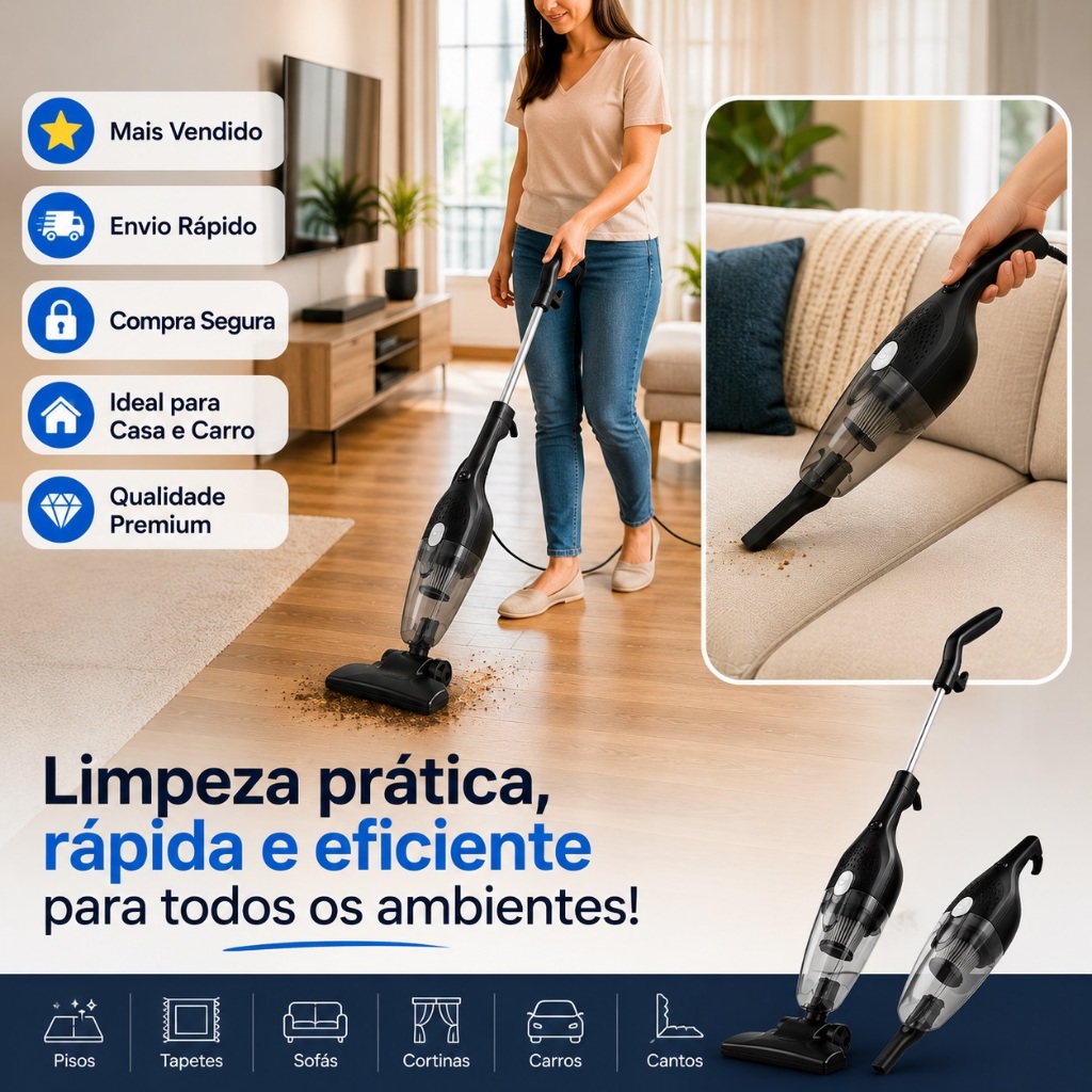 Aspirador de Pó Vertical 2 em 1 Portátil 220V com Fio | Aspirador Elétrico Leve para Piso, Sofá, …