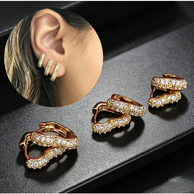 Trio Kit Brincos de Argola Coração Cravejados Zircônia 3 Furos Banhado Ouro 18k Anti Alérgico Três opções disponíveis