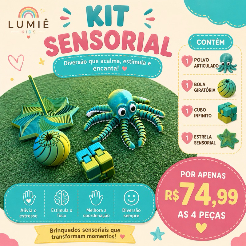 Kit Sensorial Dinossauro 3D Articulado + Bola Giratória + Cubo Infinito + Estrela Sensorial | Brinquedo Antiestresse