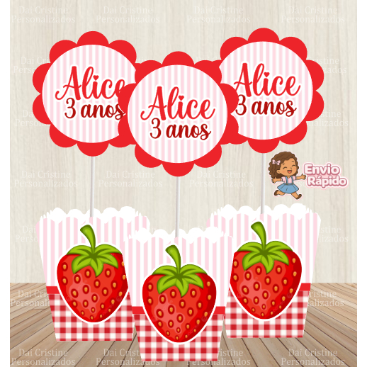 kit de Centro de Mesa Personalizado Caixa Cachepot Morango Cachepô Enfeite Arranjo