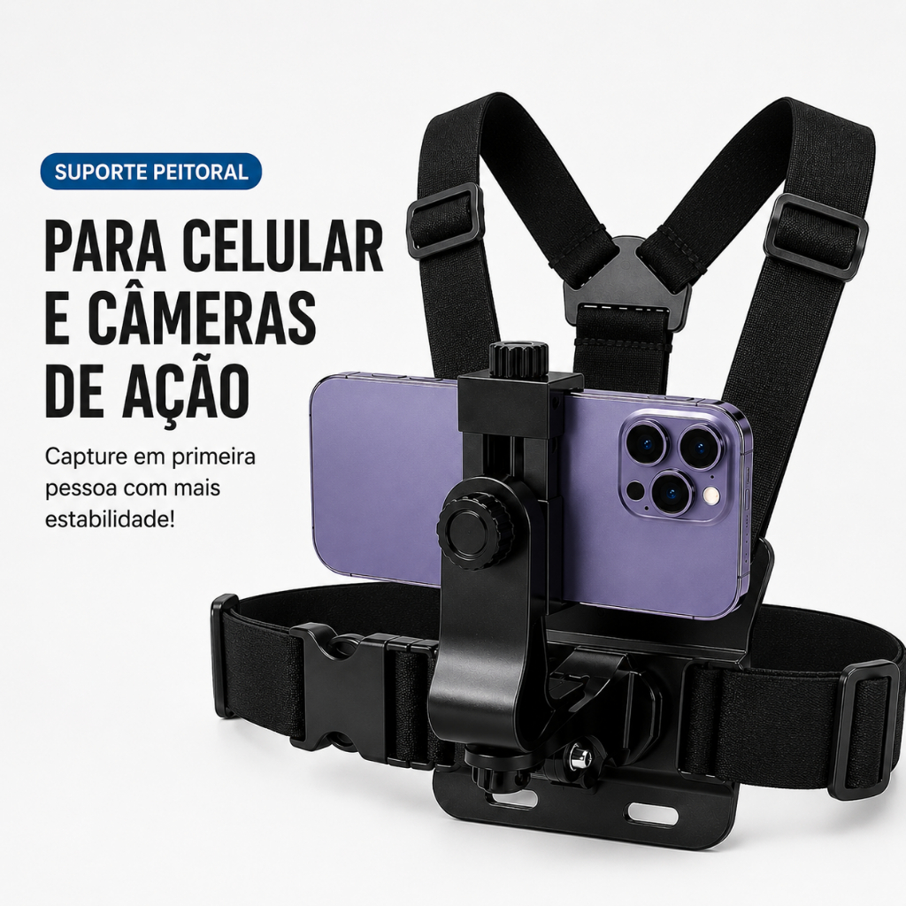 Suporte Peitoral para Celular Compatível com Câmeras de Ação Rotação 360° POV Primeira Pessoa para Pesca Ciclismo e Vlog