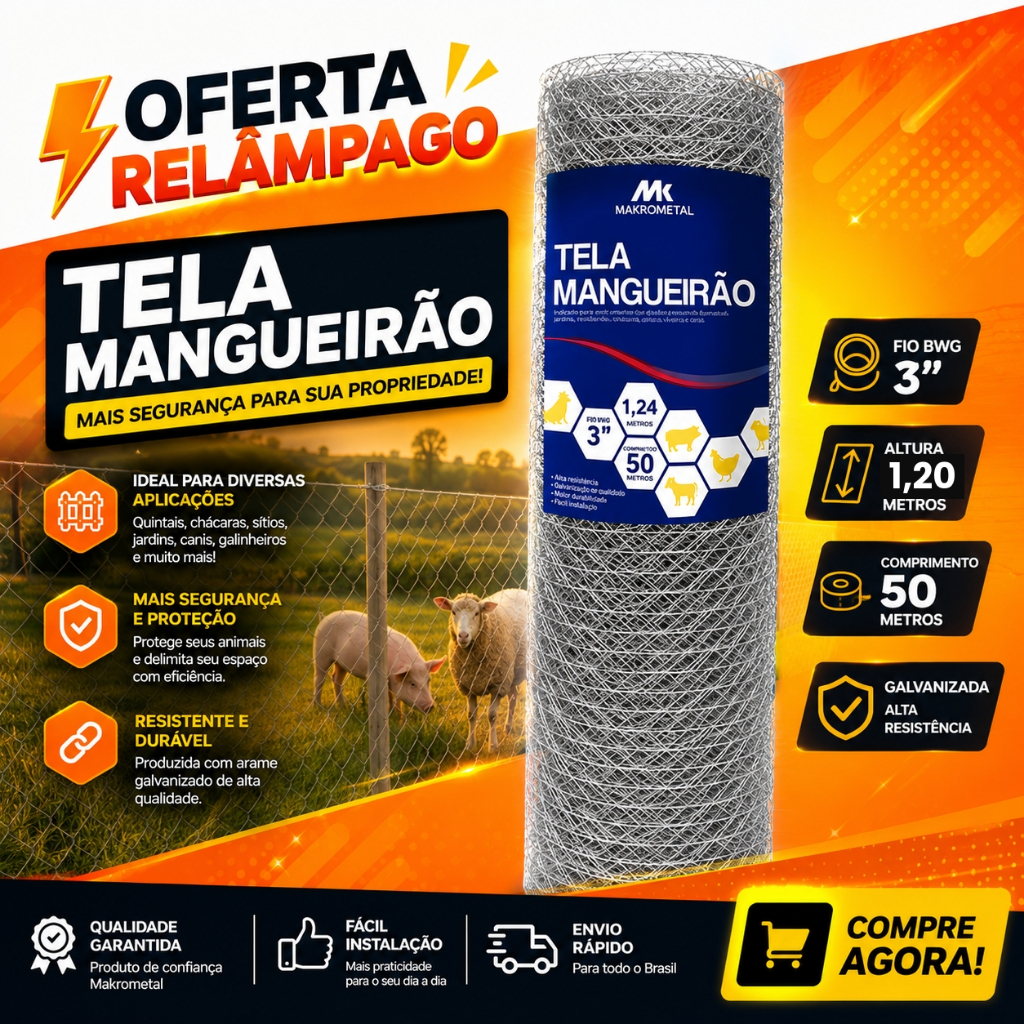 Tela Mangueirão Galvanizada a Fogo 1,20x50m Fio 18 Reforçado - Cerca Rural Resistente p/ Cães, Porcos, Galinhas e Horta