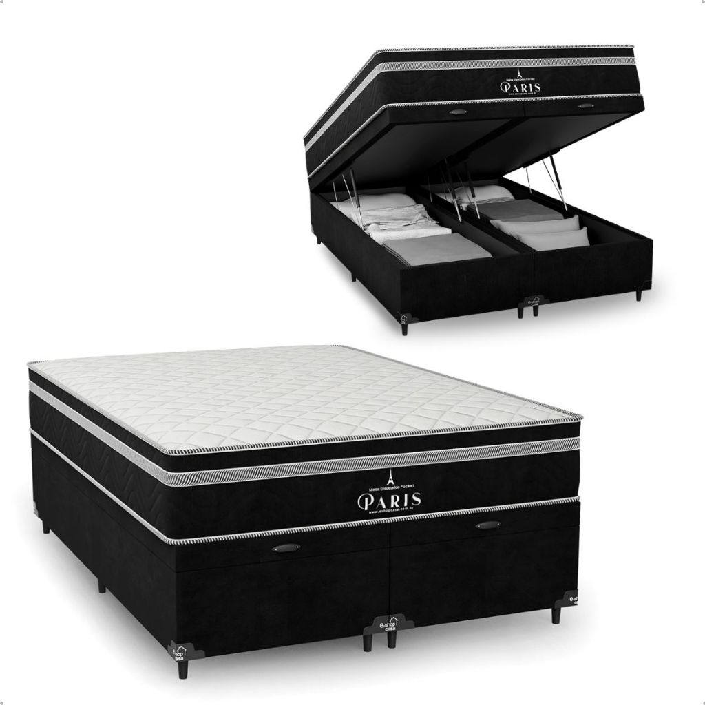 Cama Box Baú Casal Bipartido + Colchão Paris Molas Ensacadas - Preto - e-Shop Casa