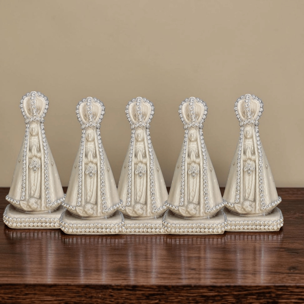 Kit 5 Imagens Nossa Senhora Aparecida 10cm Branca Cinza Dourada com Strass e Feltro