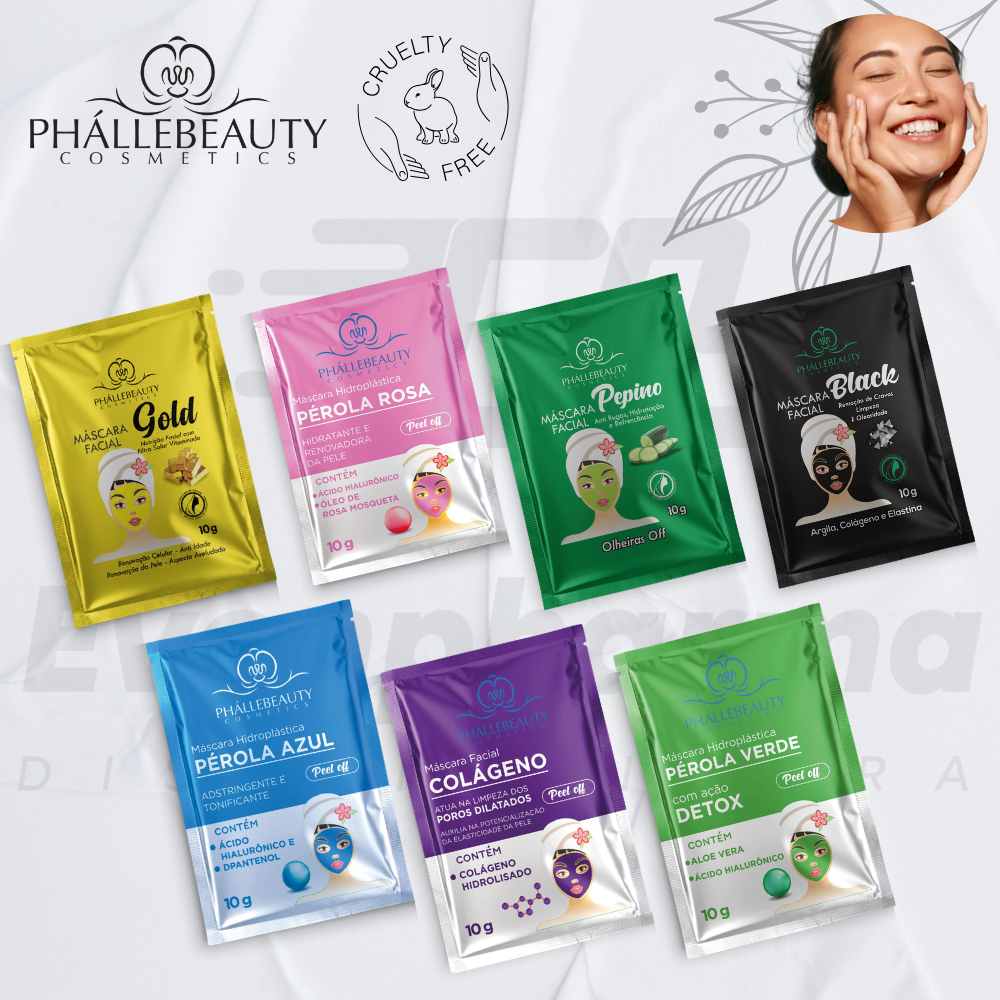 Kit Máscara Facial Phallebeauty  Colágeno, Pérola, Pepino, Black, Vitamina C , Detox e Gold 10g
