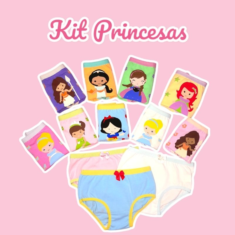 Kit de Calcinha Infantil menina com com 2, 3 e 5 unidades Algodão premium estampas princesas