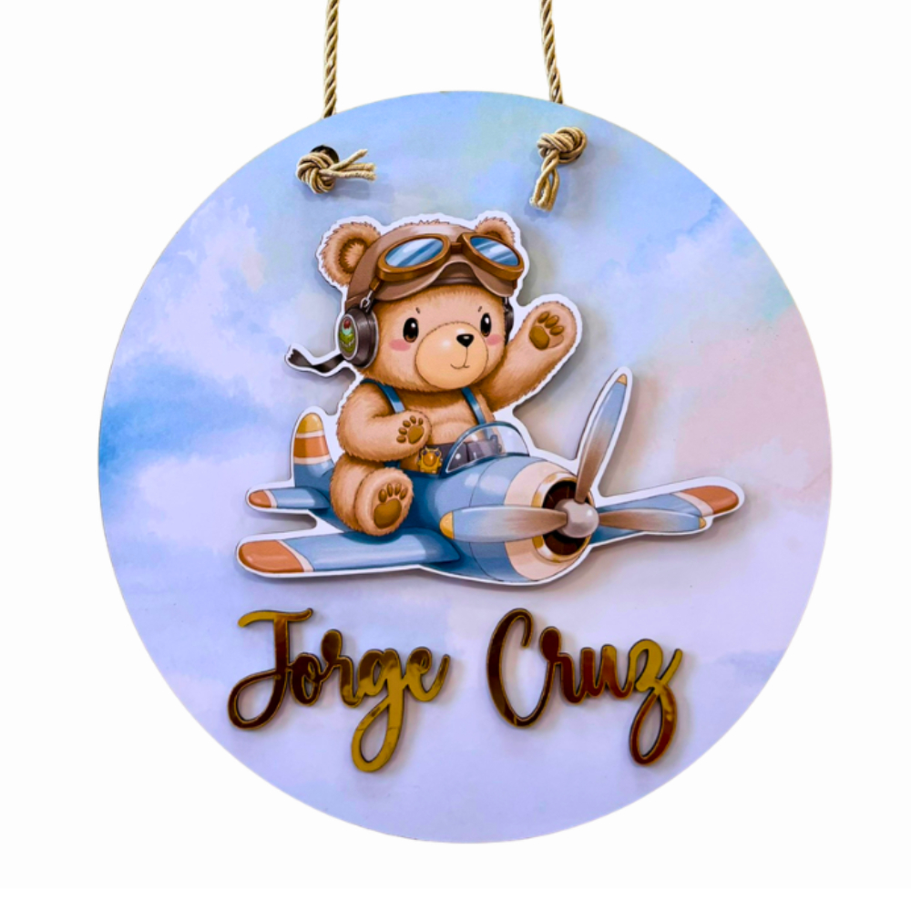 Porta Maternidade Ursinho Aviador para Quarto do Bebê enfeite de Porta Tema Avião com Nuvens e Nome Personalizado