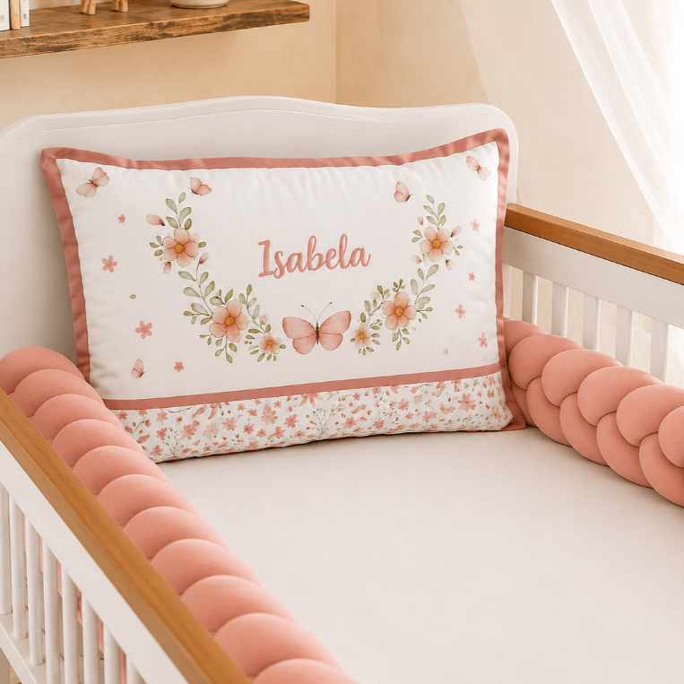 Kit Berço Personalizado Completo Protetor 3 Peças Padrão Americano Nacional Menina Borboletas Rosê