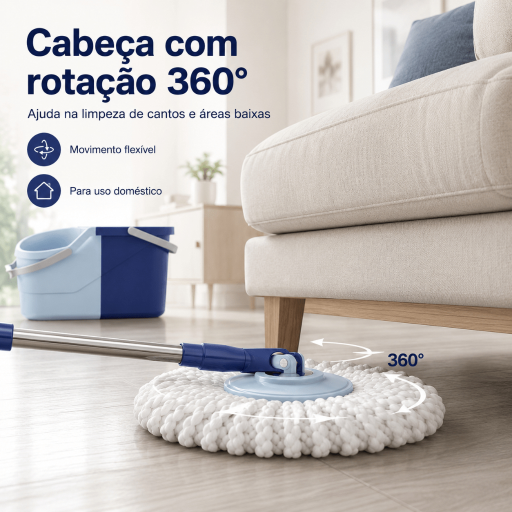 Kit Mop Giratório 360° com Balde, Cesto Inox, 1 Refis e Cabo Ajustável para Limpeza de Cozinha, Banheiro, Sala e Pisos