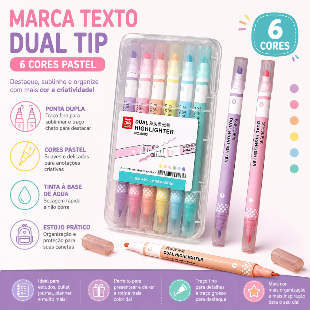Kit 6 Canetas Marca Texto Pastel Dual High Lighter Duas Pontas 0.8mm e Chanfrada 3.8mm Marcadores