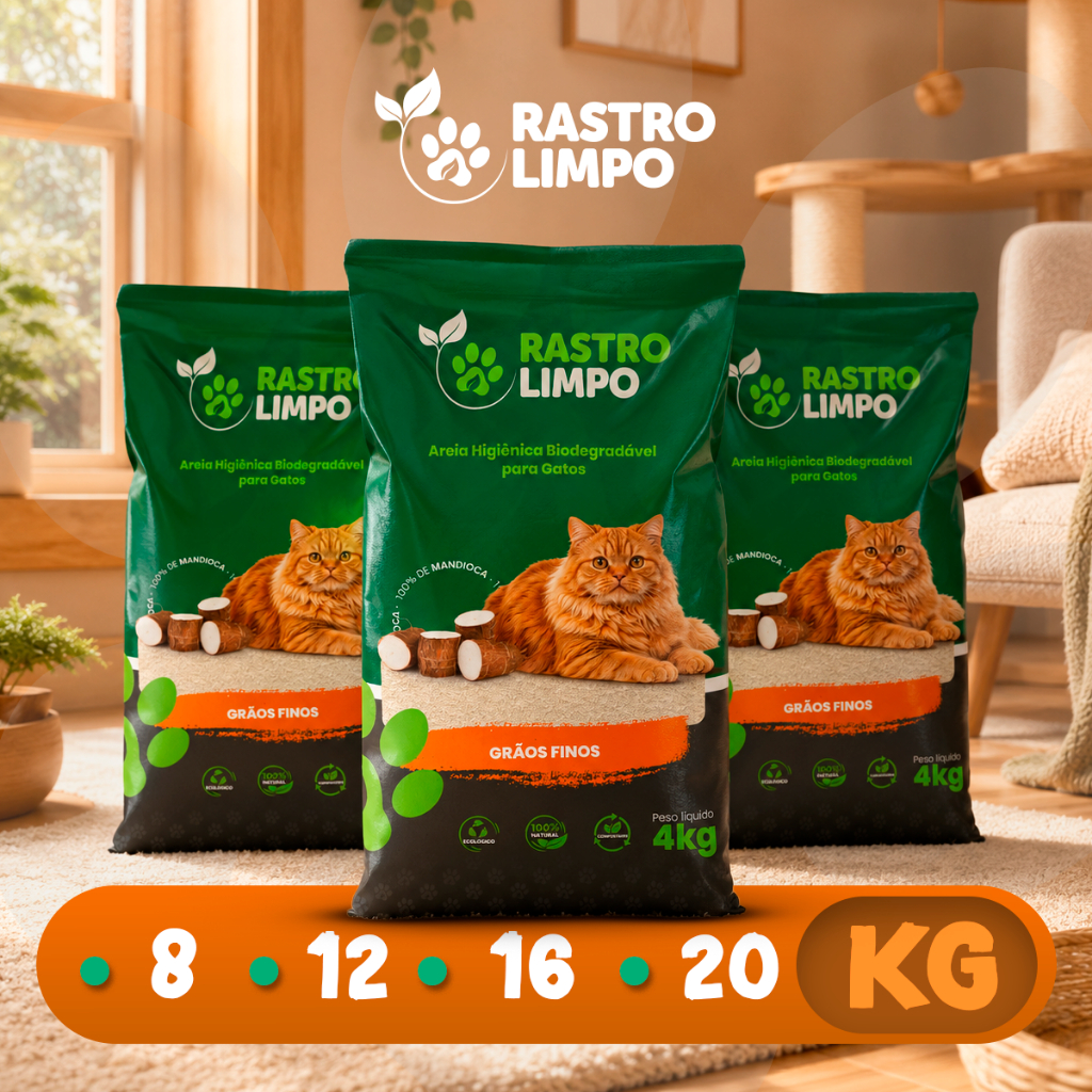 Areia Biodegradável Gato Grãos Finos 8 a 20kg Rastro Limpo Mandioca Torrão Firme Sem Poeira