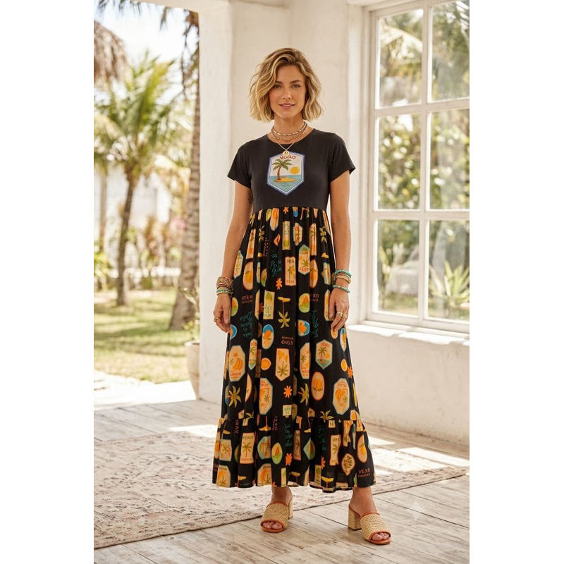 Vestido Longo Estampado Soltinho Feminino Confortável Não Marca o Corpo Moda Evangélica Casual Tendência