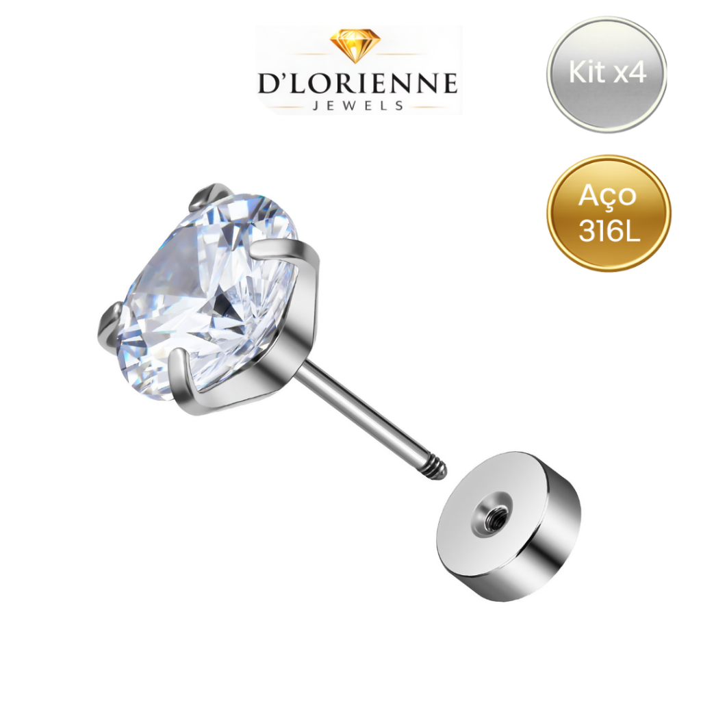 Kit 4 Piercing Ponto de Luz Delicado Zircônia Aço Cirúrgico 316L Antialérgico - Tragus, Helix, Nariz, Orelha