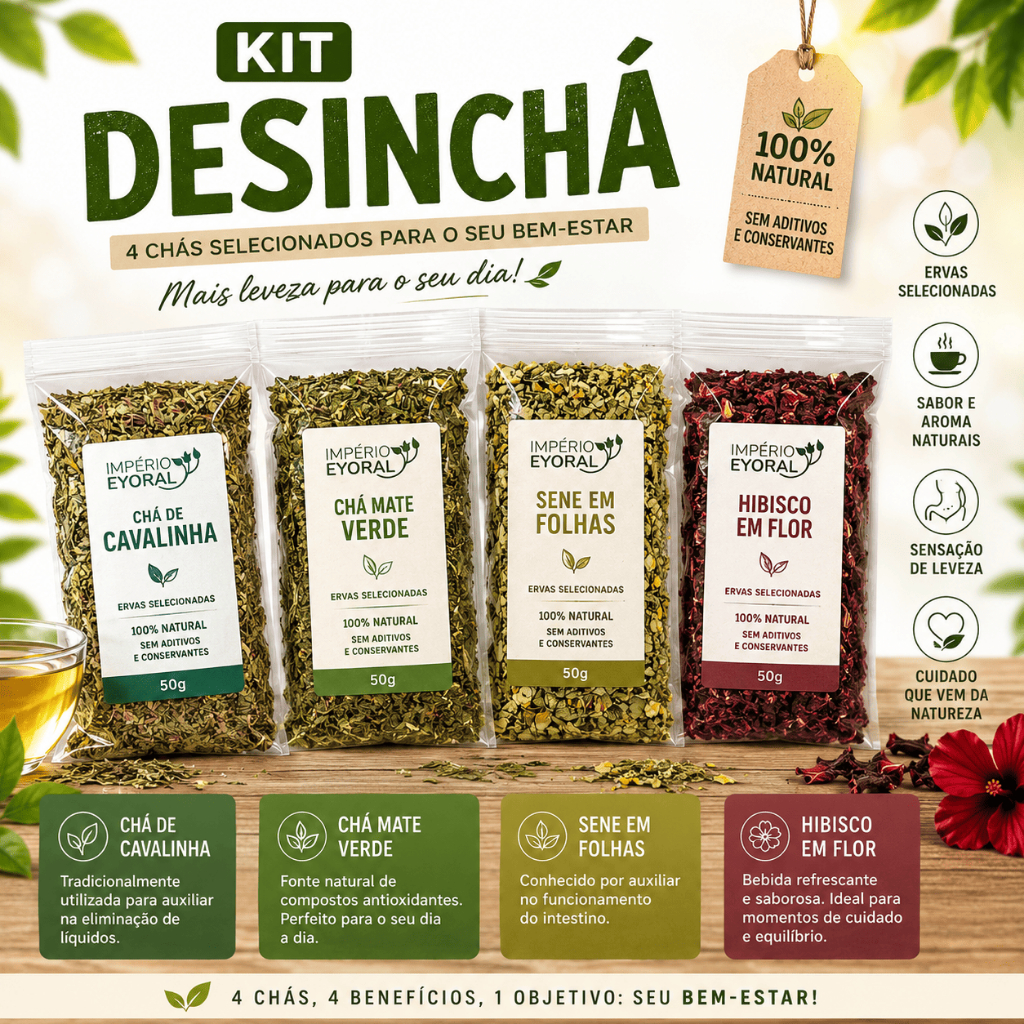Kit Desinchá com Cavalinha, Chá Verde, Hibisco e Sene