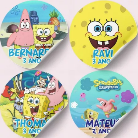35 Adesivos Personalizados Bob Esponja Redondo para Lembrancinhas Festa Infantil | 4x4 cm