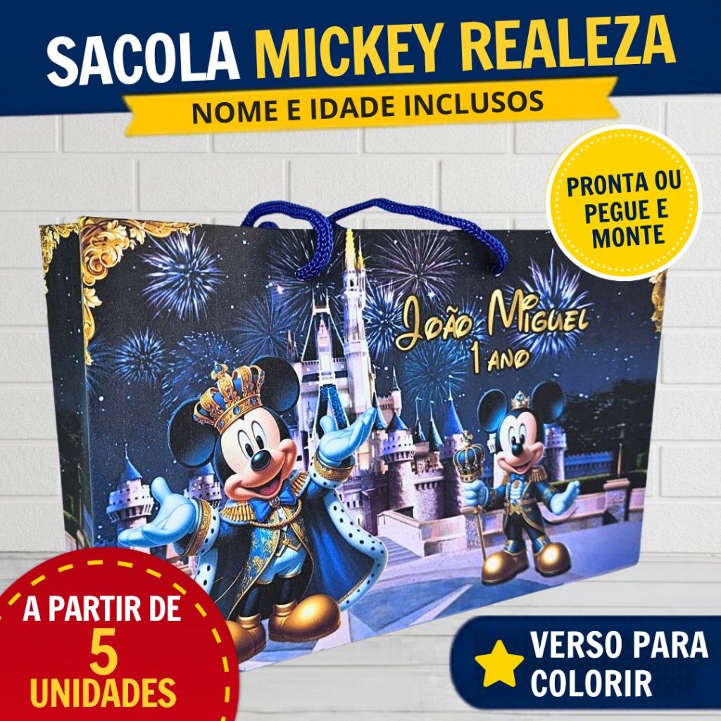 Kit Sacola Surpresa Mickey Realeza Personalizada | Lembrancinhas Festa Infantil Aniversário