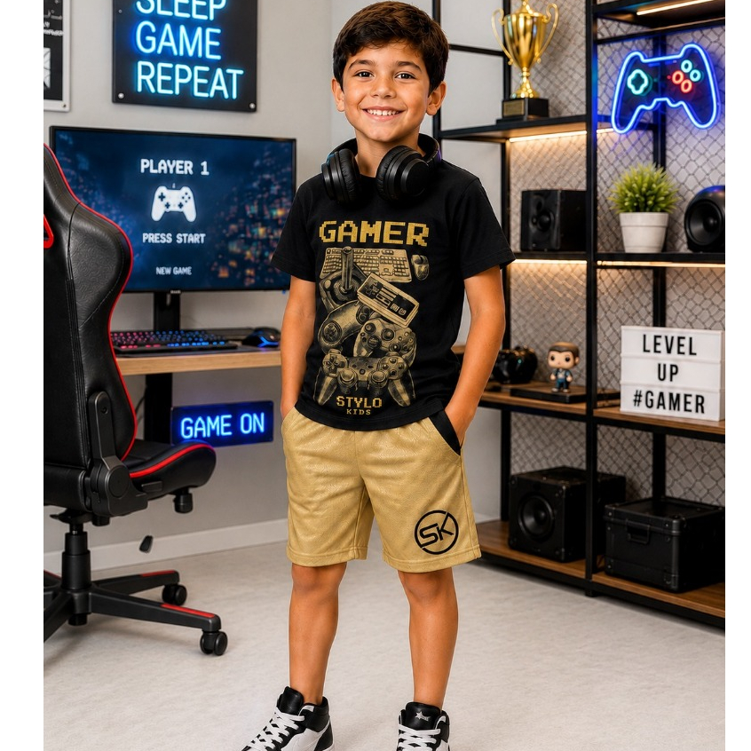 Conjunto Infantil Masculino Blusa + Bermuda Look Estiloso