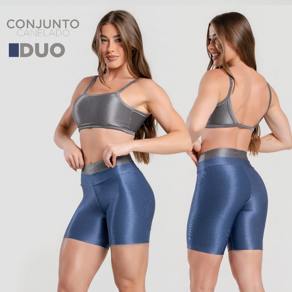 Conjunto Duo Trilobal Canelado Brilhoso – Top Costas Abertas + Short Academia