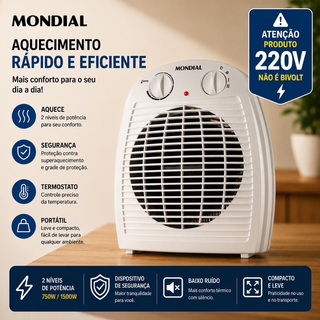 Aquecedor de Ar Mondial A-08 1500W 220V Termoventilador 2 Níveis Cinza